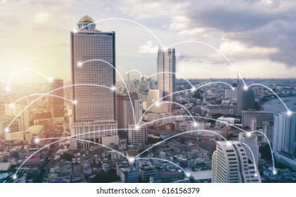 business city connect  technology line Internet Concept of Town .