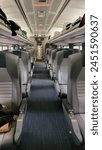 Business class seating on an Amtrak train with luggage above on the racks