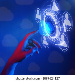 business cloud computing and internet storage network concept, networking communication, woman hand touching cloud symbol in neon lighting with copy space - Shutterstock ID 1899624127
