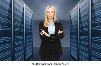 business, cloud computing and technology concept - businesswoman or admin in data center over server room background