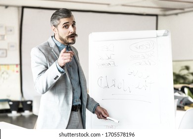 Business coach standing near whiteboard and pointing to camera. Confident Caucasian manager doing presentation. Business training concept