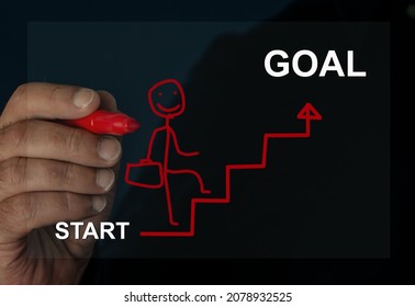 A business coaching drawing a man walking up staircases from the start to the top of goal, growth and the path to success. Hand drawn cartoon of  confident businessman with briefcase walking upstairs. - Powered by Shutterstock