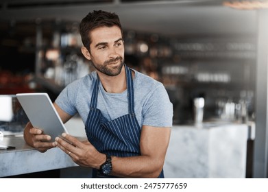 Business, coffee shop and man with tablet, thinking and internet with digital app, checklist and restaurant. Online order, barista and entrepreneur with tech, schedule and waiter in cafe and service - Powered by Shutterstock