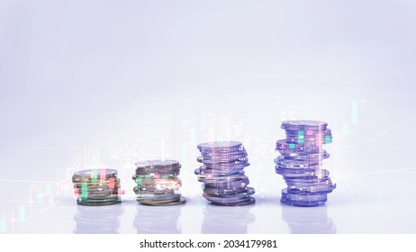 Business coin stack growing with trading graph background. 
Stock market or forex trading graph for finance investment concept.  Double exposure for financial.