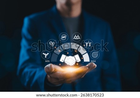 Business Collaboration and Performance Optimization Concept. Businessman presents handshake and teamwork icons, symbolizing collaboration, efficiency, and performance optimization. Trusted Partner,