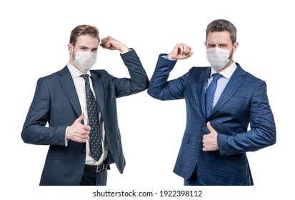 Business Colleague Bumping Elbows. Businessmen Not Shaking Hands. Social Distancing During Coronavirus. Boss And Employee In Medical Mask. Covid19 Prevention. Successful Deal Of Men Partners.