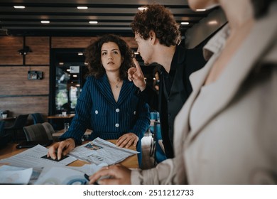 Business colleagues having a misunderstanding and arguing during a meeting in a modern office setting. The image captures emotion and conflict among team members. - Powered by Shutterstock