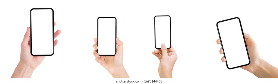 Business Communication Concept : Hand holding old black smartphone isolated on white background. - Shutterstock ID 1693144453