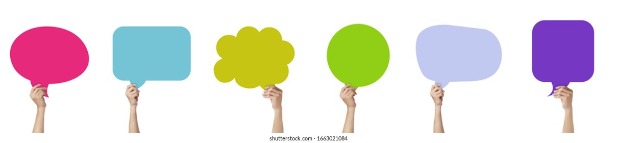 Business Communication Concept : Hands Holding Colorful Speech Bubble Chat Isolated On White Background.