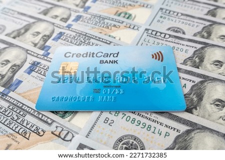 Business company concept. Credit card on US dollar banknotes. Finance development, Banking Account, Statistics, Investment Analytic research data economy, Stock exchange trading,