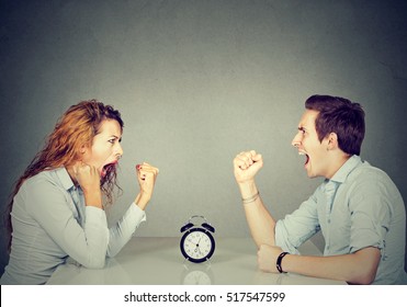 Business Competition. Man And Woman Mad And Angry With Each Other Having Disagreement Screaming  