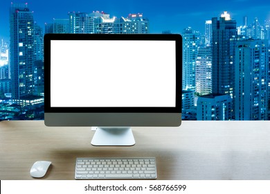 Business computer on wood table - Shutterstock ID 568766599