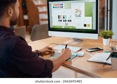 Business, computer screen and man in creative agency, graphic designer and research for project. Person, entrepreneur or artist with pc, technology and innovation for editing, planning or digital app - Powered by Shutterstock