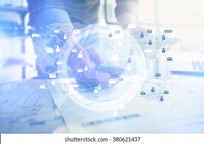 Business Concept. Businessman Holding In Hands Smartphone.  Worldwide Connection Technology Interface. Blurred, Horizontal Mockup.