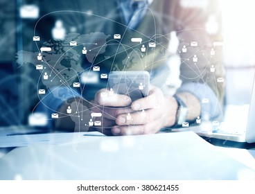 Business concept, businessman with smartphone. Worldwide connection technology interface, horizontal mockup. - Powered by Shutterstock