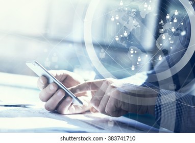 Business Concept. Businessman Working Generic Design Laptop. Touching Screen Smartphone. Worldwide Connection Technology Interface. Horizontal Closeup