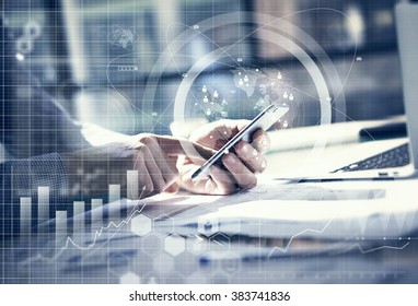 Business Concept. Businessman Working Generic Design Laptop. Touching Screen Smartphone. Worldwide Connection Technology Interface. Horizontal Mockup.