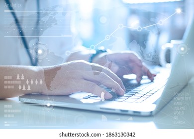 Business Concept, Businessman Working Laptop.  Worldwide Connection Technology Interface. Global Strategy Virtual Icon.Innovation Graphs Interface.