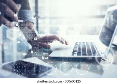 Business Concept, Businessman Working Laptop. Generic Design Notebook On The Table. Worldwide Connection Technology Interface, Horizontal Mockup.