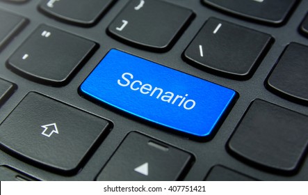 Business Concept: Close-up The Scenario Button On The Keyboard And Have Azure, Cyan, Blue, Sky Color Button Isolate Black Keyboard