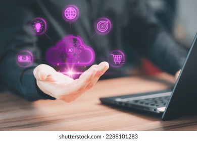 Business concept of cloud computing, Big Data Storage, goal, Internet network security, Finance, Online Shopping, Digital link tech. Businessman use laptop with cloud computing diagram show on hand.