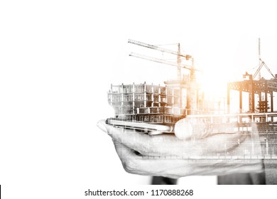 Business Concept Of Construction And Connection. Double Exposure Of Businessman Using Smartphone And Construction Site.