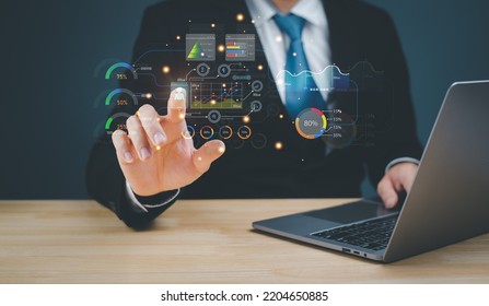 Business concept with data analysis Business Analytics and Data Management System to generate reports with KPIs and metrics connected to the database. Corporate Strategy in Finance, Operations, Sales,