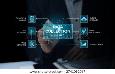 Business concept of data collection and analytics process with related icons and digital interface
