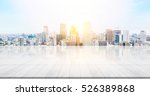 Business concept - Empty marble floor top with panoramic modern cityscape building bird eye aerial view under sunrise and morning blue bright sky of Tokyo, Japan for display or montage product