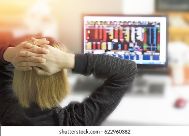 Business Concept. A Female Investor Feels Disappointed After Checking His Investment On The Stock Exchange Market Dash Board On The Screen Of His Personal Computer