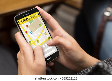 business concept: girl using a digital generated phone with taxi app. All screen graphics are made up.