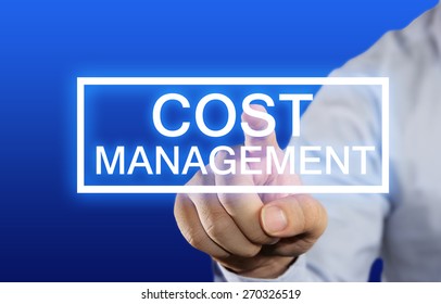 Business Concept Image Of A Businessman Clicking Cost Management Button On Virtual Screen Over Blue Background