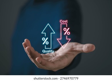 Business concept of improving quality while reducing cost, shown by hand presenting upward and downward percentage arrows. Ideal for strategy, efficiency, optimization, finance, and management visuals