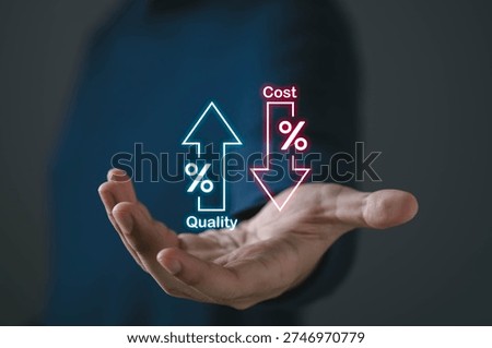 Business concept of improving quality while reducing cost, shown by hand presenting upward and downward percentage arrows. Ideal for strategy, efficiency, optimization, finance, and management visuals