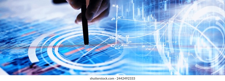 Business concept. Information technology and data processing. Hands over the screen graphic data. A modern software product in business.