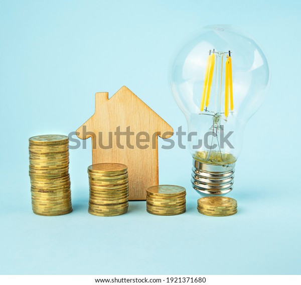 Business concept. Lamp,\
coins and a wooden house on a blue background. Utilities payments .\
Business ideas, business success. Business recovery and growth.\
Copy space.