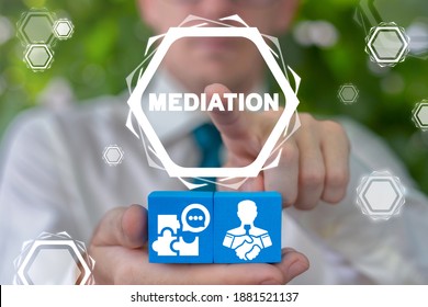 Business Concept Of Mediation. Mediate Problem. Mediator Hold Blue Blocks With Icons And Touch Mediation Virtual Word.