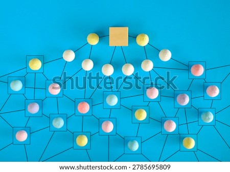 Business concept for network structure with connected people, showing teamwork,collaboration, stakeholder mapping, social graph, and business communication on blue background