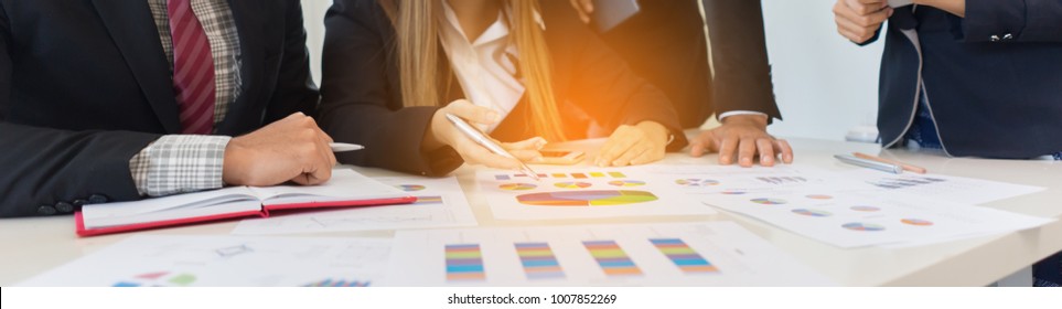 business concept, people working on tablet computer with digital data on device screen discussion and analysis data in meeting room office.for Banner