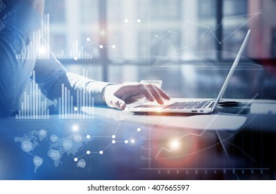 Business concept photo.Businessman working investment project modern office.Touching pad contemporary laptop. Worldwide connection technology,stock exchanges graphics interface. Horizontal - Powered by Shutterstock