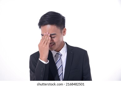 Business Concept, Portrait Of Young Business Man Embarrassed Guy Covering Forehead
 On White Background
