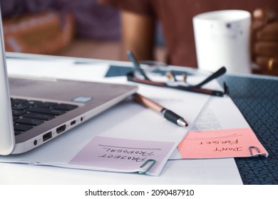 Business concept project proposal documents on office desk with notebook. Selective focus on the text. 