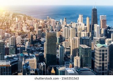 Business concept for real estate and corporate construction - panoramic urban city skyline aerial view under blue sky in Chicago, America