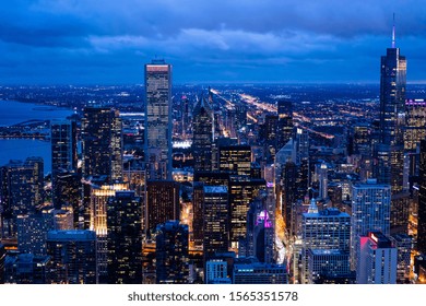 Business Concept For Real Estate And Corporate Construction - Panoramic Urban City Skyline Aerial View Under Twilight Sky And Beautiful Night In Chicago, America