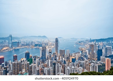 Business Concept For Real Estate And Corporate Construction - Panoramic Modern City Skyline Bird Eye Aerial View With Night Sky In Hong Kong (HK), China