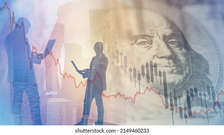 Business concept. Recession and falling stock market. Problems in financial market. Financial depression. Economic crisis. Recession chart in front of Franklin's portrait. Economic default. 3d image. - Shutterstock ID 2149460233