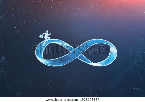 Business concept of repetitive work and burnout\
syndrome. A businessman running on infinity symbol in space.\
Nonstop hard work\
symbol