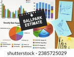 Business concept. There are business charts, sticky notes and black paper with the inscription on the board - BALLPARK ESTIMATE