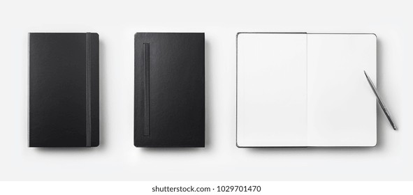 Business Concept - Top View Collection Of Black Fly Black Notebook Front, Back And White Open Page, Ballpoint Pen Isolated On Background For Mockup