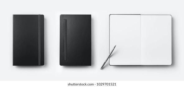 Business Concept - Top View Collection Of Black Fly Black Notebook Front, Back And White Open Page, Ballpoint Pen Isolated On Background For Mockup